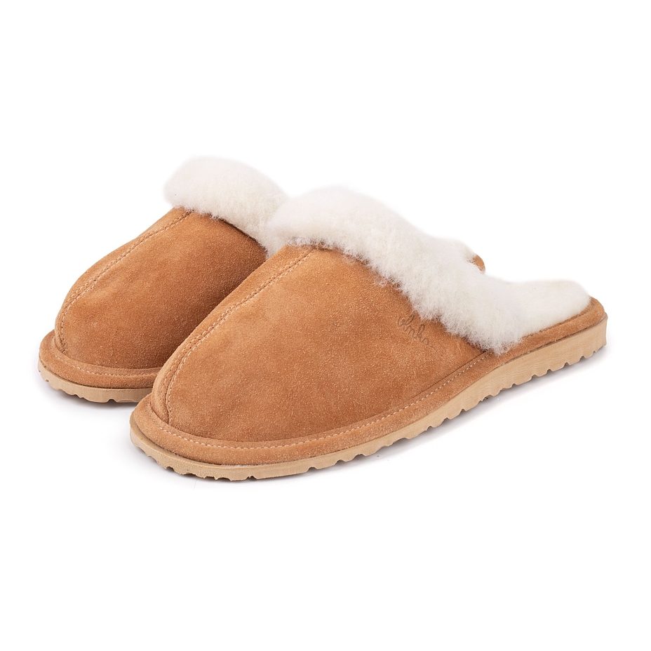 Pantoufles en cuir pour femmes avec laine de mouton Marie, brun