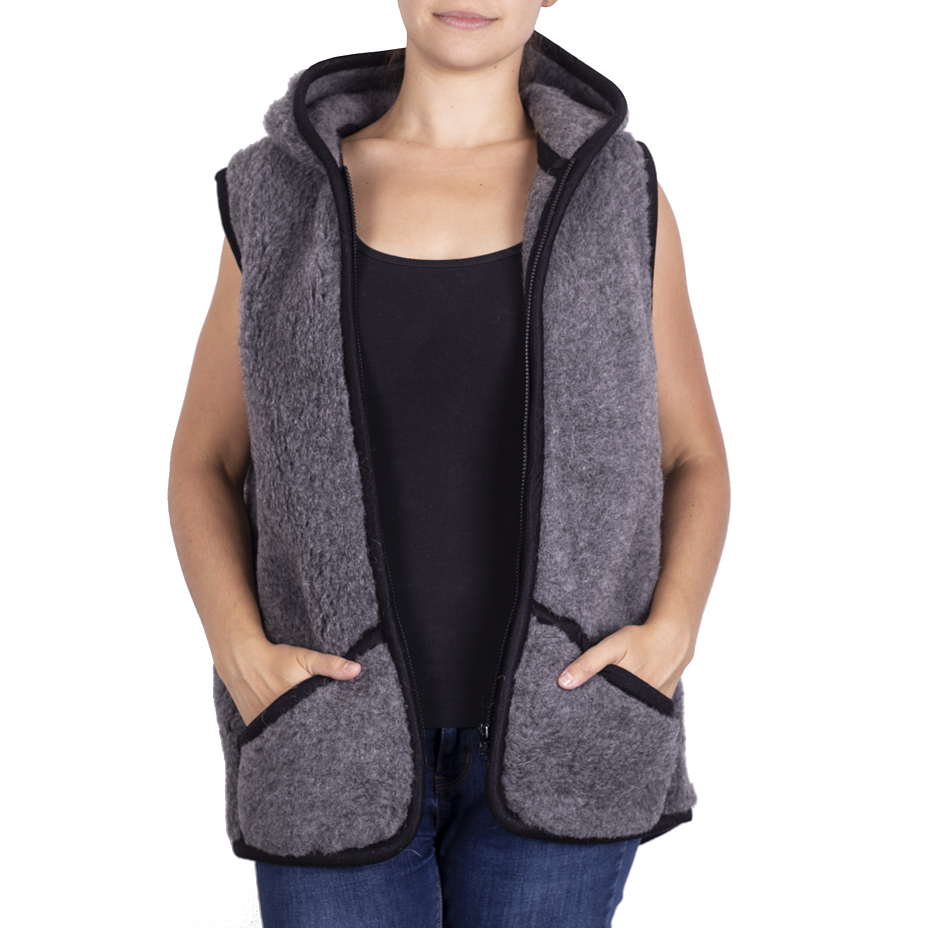Gilet en laine Mérinos à capuche gris foncé