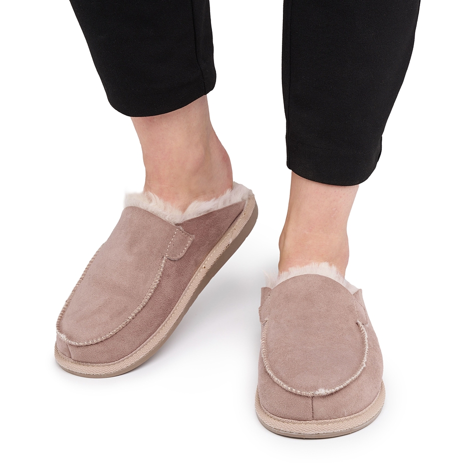 Pantoufles en cuir pour femmes avec laine de mouton Erika, beige