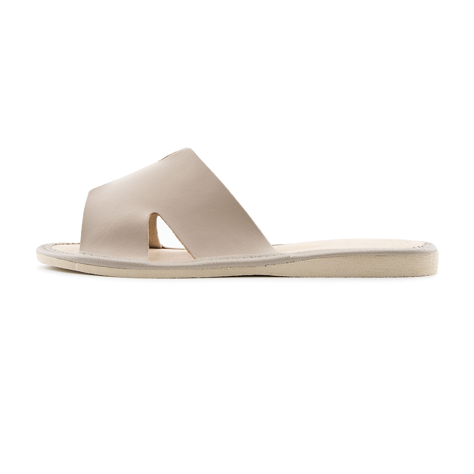 Pantoufles d’été en cuir sans pointe pour femmes, beige