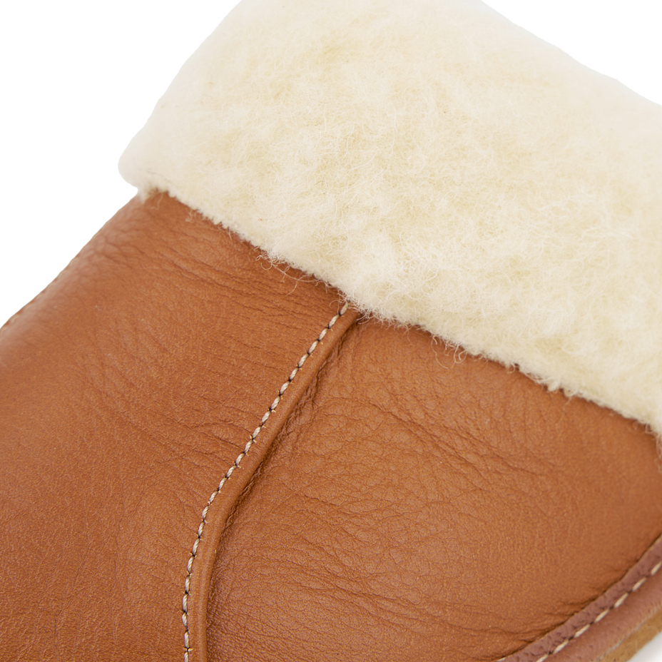 Pantoufles compensées en cuir et laine de mouton pour femmes, marron clair