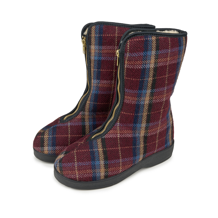 Chaussures chaudes en laine de mouton avec fermeture éclair pour femmes à carreaux, bordeaux