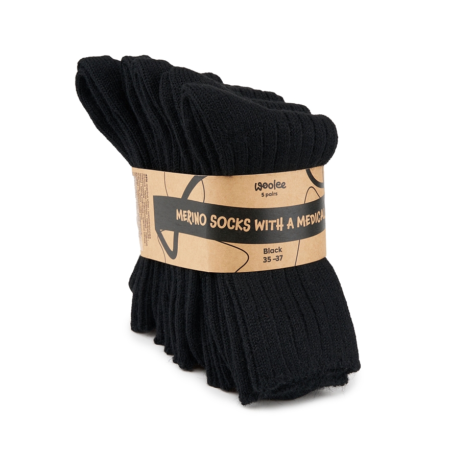 5 paires de chaussettes en laine de mouton mérinos avec bords de santé, noir