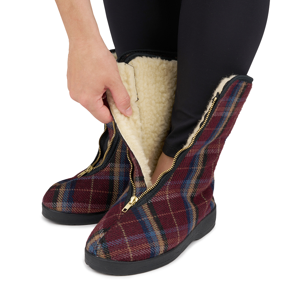 Chaussures chaudes en laine de mouton avec fermeture éclair pour femmes à carreaux, bordeaux