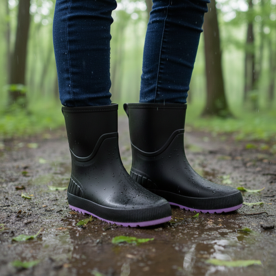 Bottines de pluie pour femme avec semelle intérieure en laine noire/violette