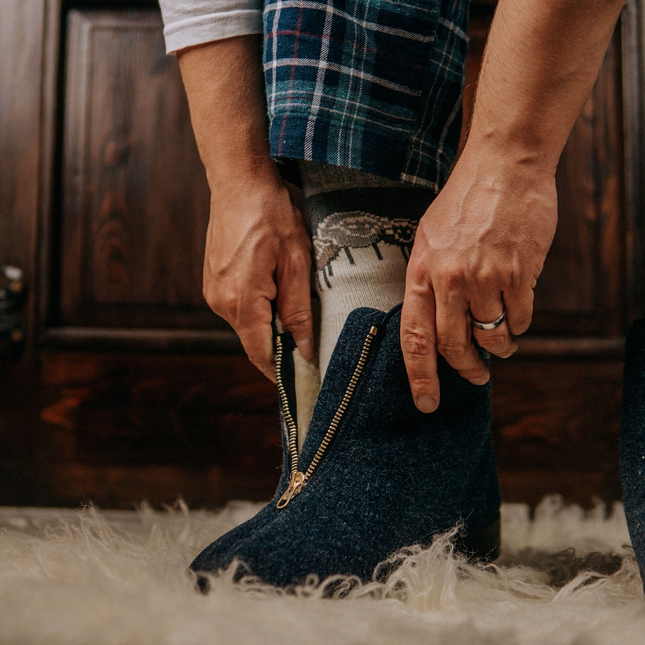 Chaussures chaudes en laine de mouton avec fermeture éclair pour hommes, bleu